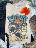 1/2 Penny "Vintage Rodeo Bull Rider" Western Graphic Tee — Sand Cotton-Blend Unisex Western Statement Cowhide and Conchos