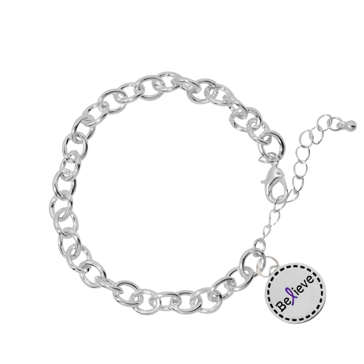 Round Believe Charm Purple Ribbon Link Style Chunky Bracelets The Awareness Company