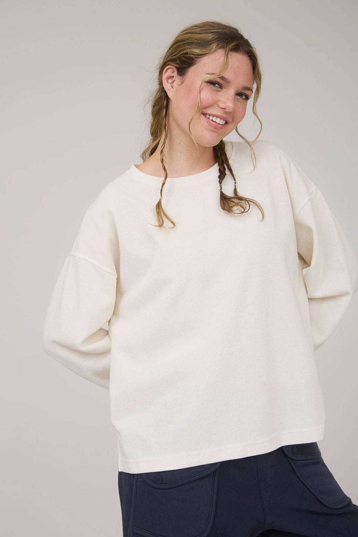 Blu Pepper "Round Up" Western Raw Edge Marled Knit Top — Soft Cotton Blend (Brown or Oatmeal) Cowhide and Conchos