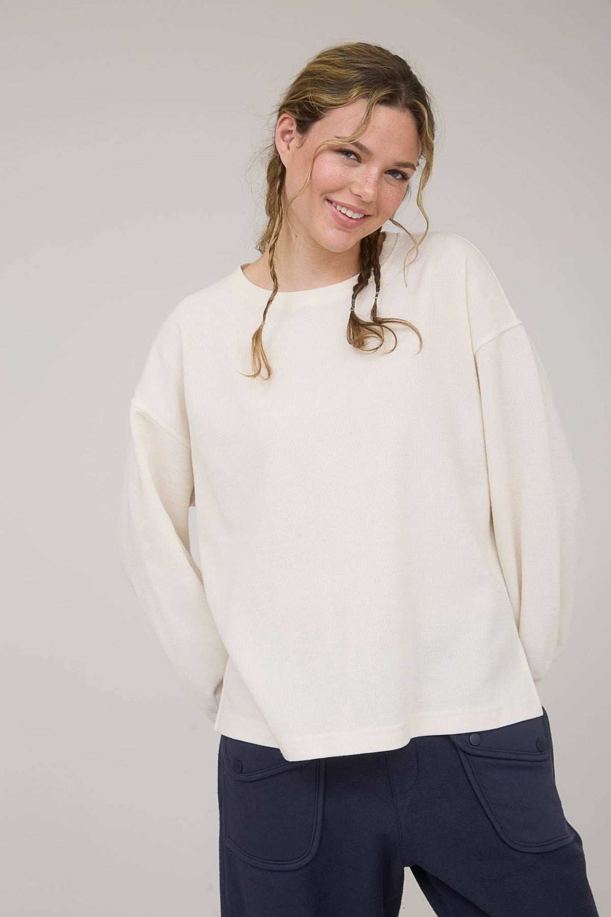 Blu Pepper "Round Up" Western Raw Edge Marled Knit Top — Soft Cotton Blend (Brown or Oatmeal) Cowhide and Conchos