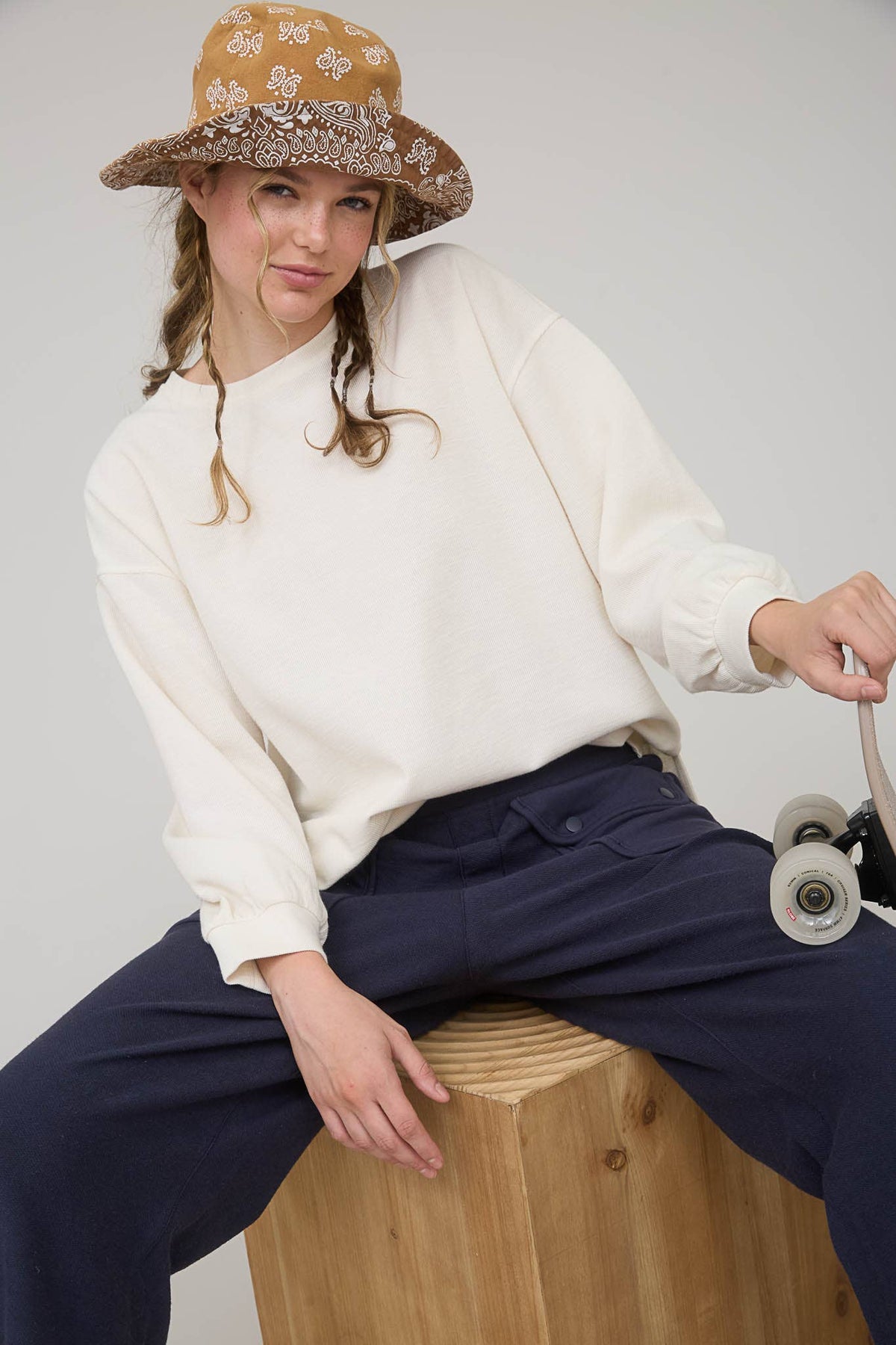 Blu Pepper "Round Up" Western Raw Edge Marled Knit Top — Soft Cotton Blend (Brown or Oatmeal) Cowhide and Conchos