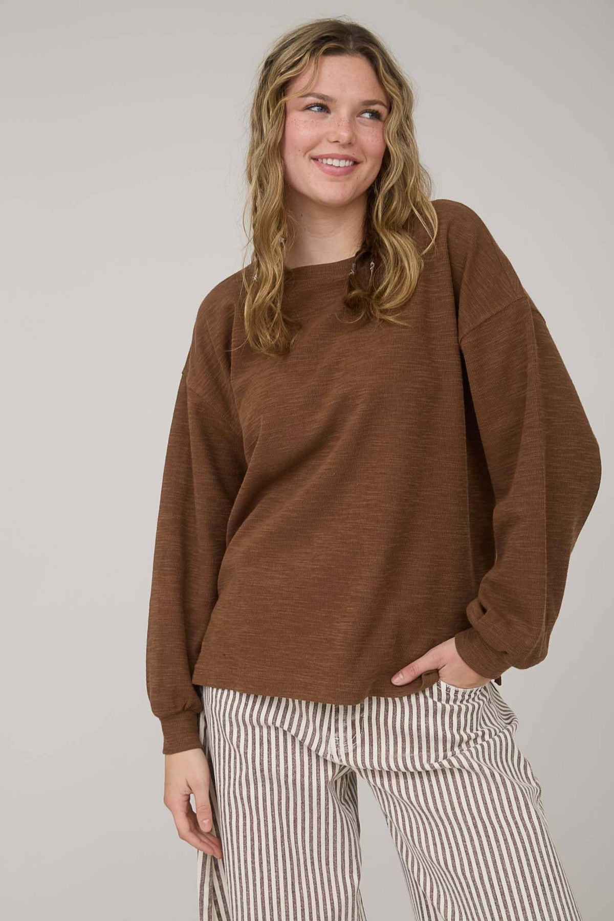 Blu Pepper "Round Up" Western Raw Edge Marled Knit Top — Soft Cotton Blend (Brown or Oatmeal) Cowhide and Conchos