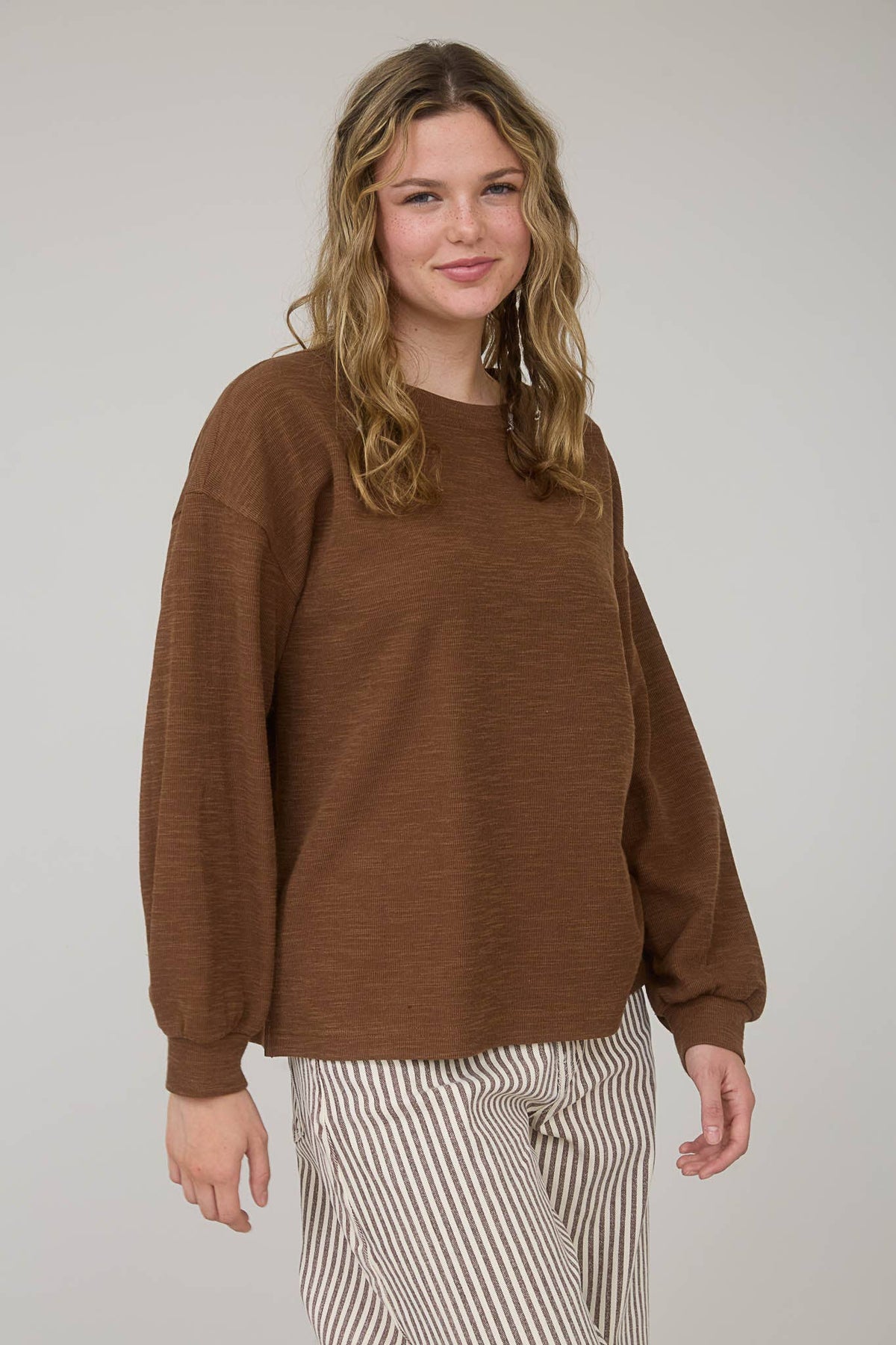 Blu Pepper "Round Up" Western Raw Edge Marled Knit Top — Soft Cotton Blend (Brown or Oatmeal) Cowhide and Conchos