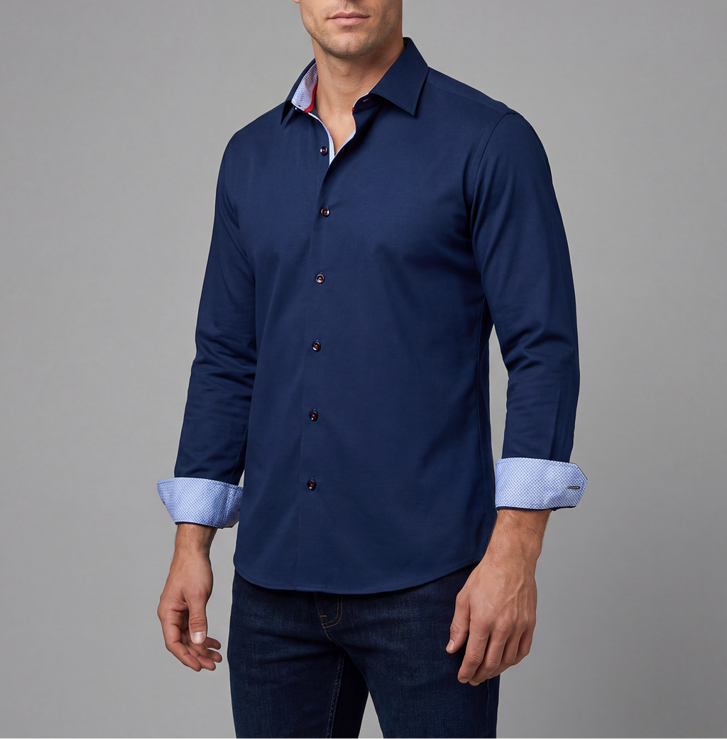 Paul// Cotton Knit-Stretch Button-Up Shirt With Contrast Details // Navy // Tailored Fit (Fitted) LEVINAS® Official