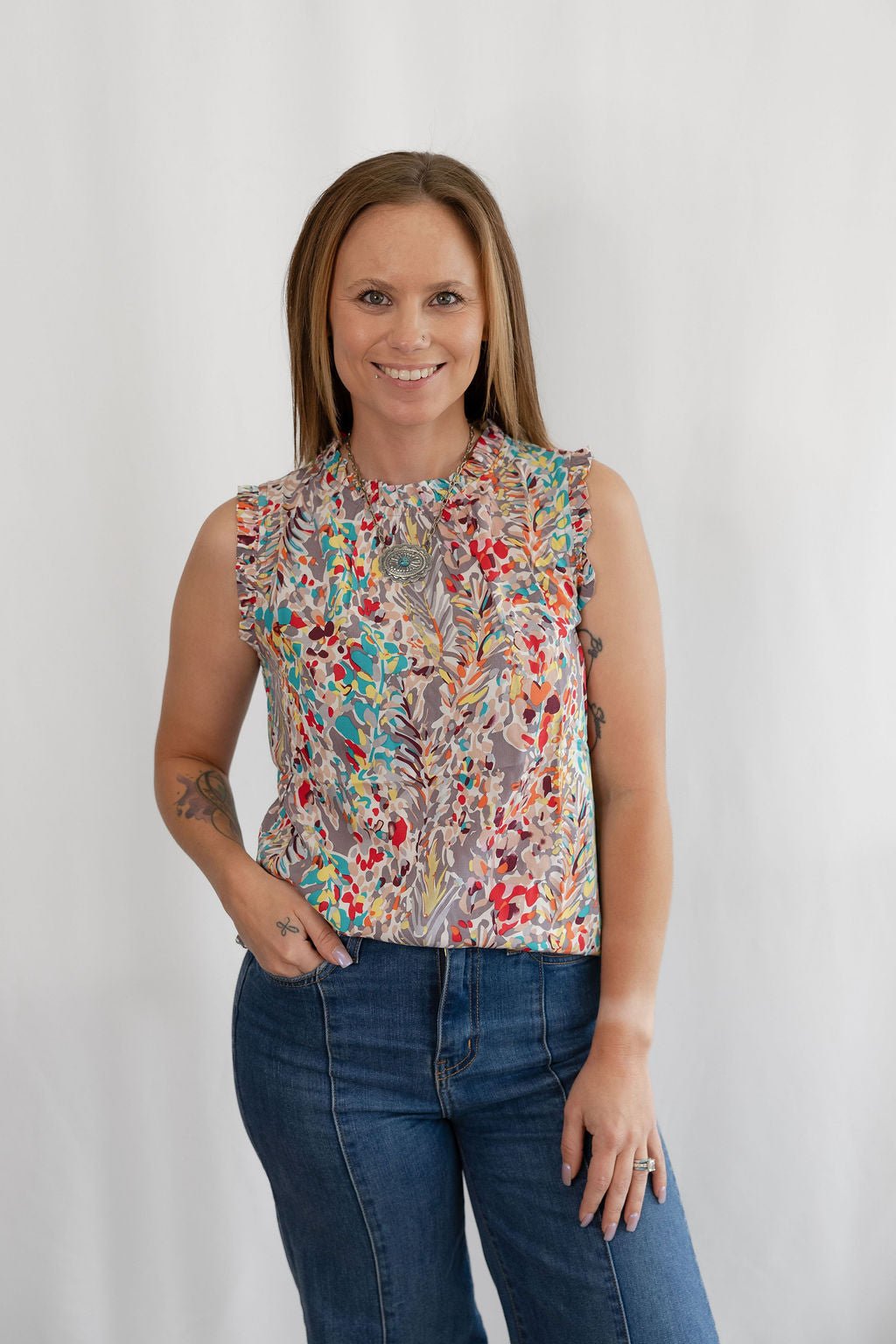 LIME N CHILI Graphic Print Ruffle Mock Neck Sleeveless Western Top — Keyhole Back Detail (Medium remaining) Cowhide and Conchos