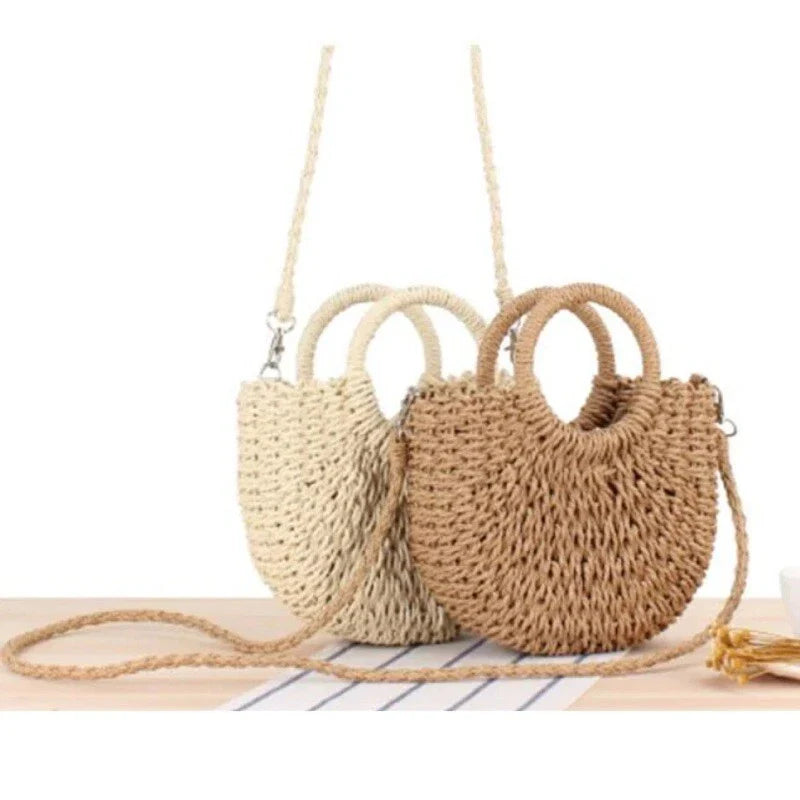 Summer Top Handle Semi Circle Straw Bag Fashion Hut Jewelry