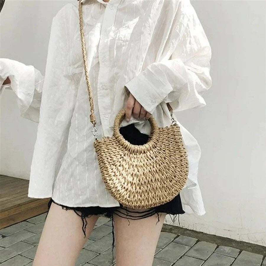 Summer Top Handle Semi Circle Straw Bag Fashion Hut Jewelry