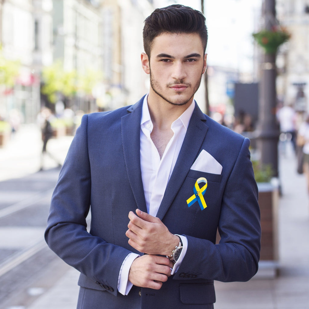 10 Pack Satin Blue & Yellow Ribbon Pins The Awareness Company