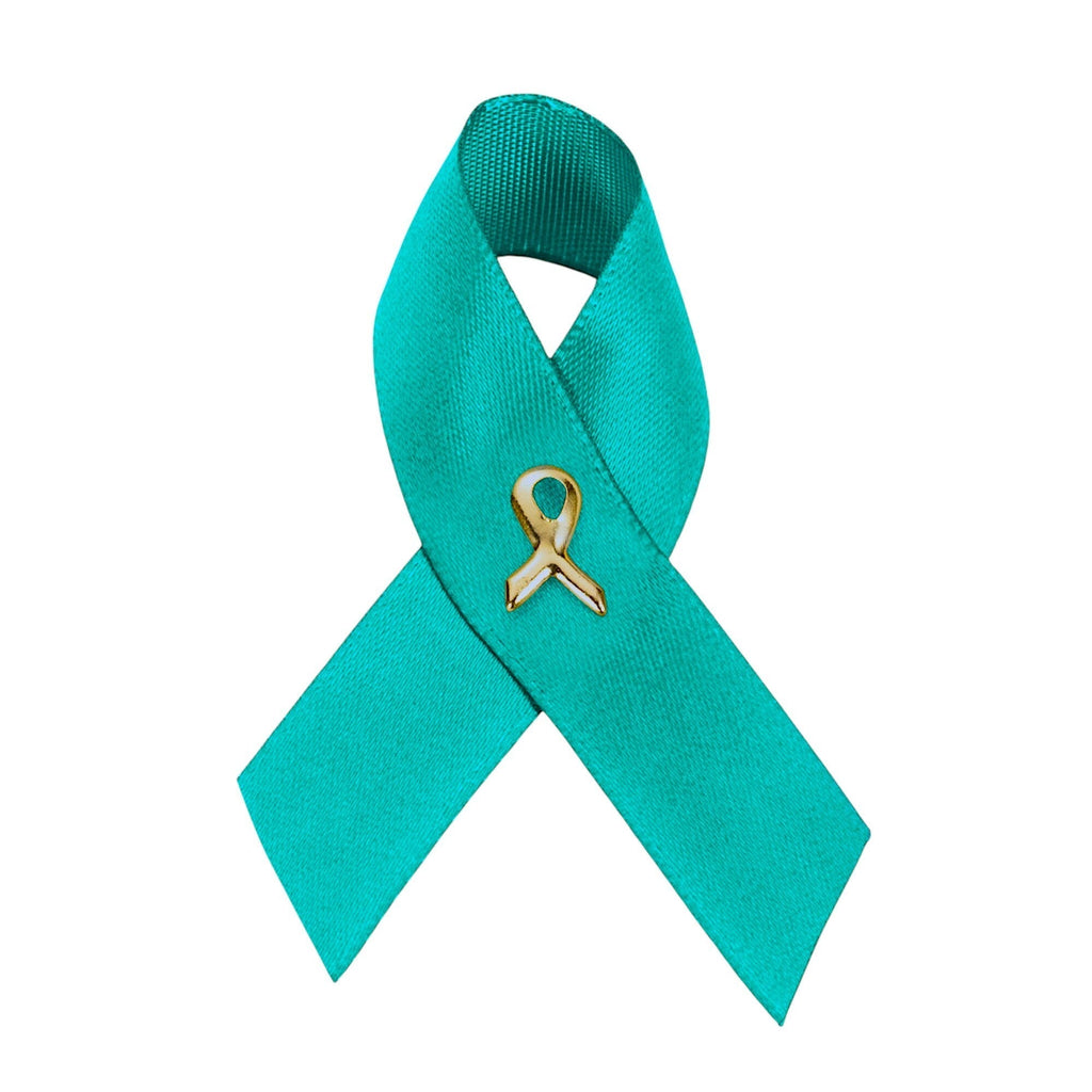 10 Pack Satin Teal Ribbon Pins for Ovarian Cancer, PTSD, Rape The Awareness Company