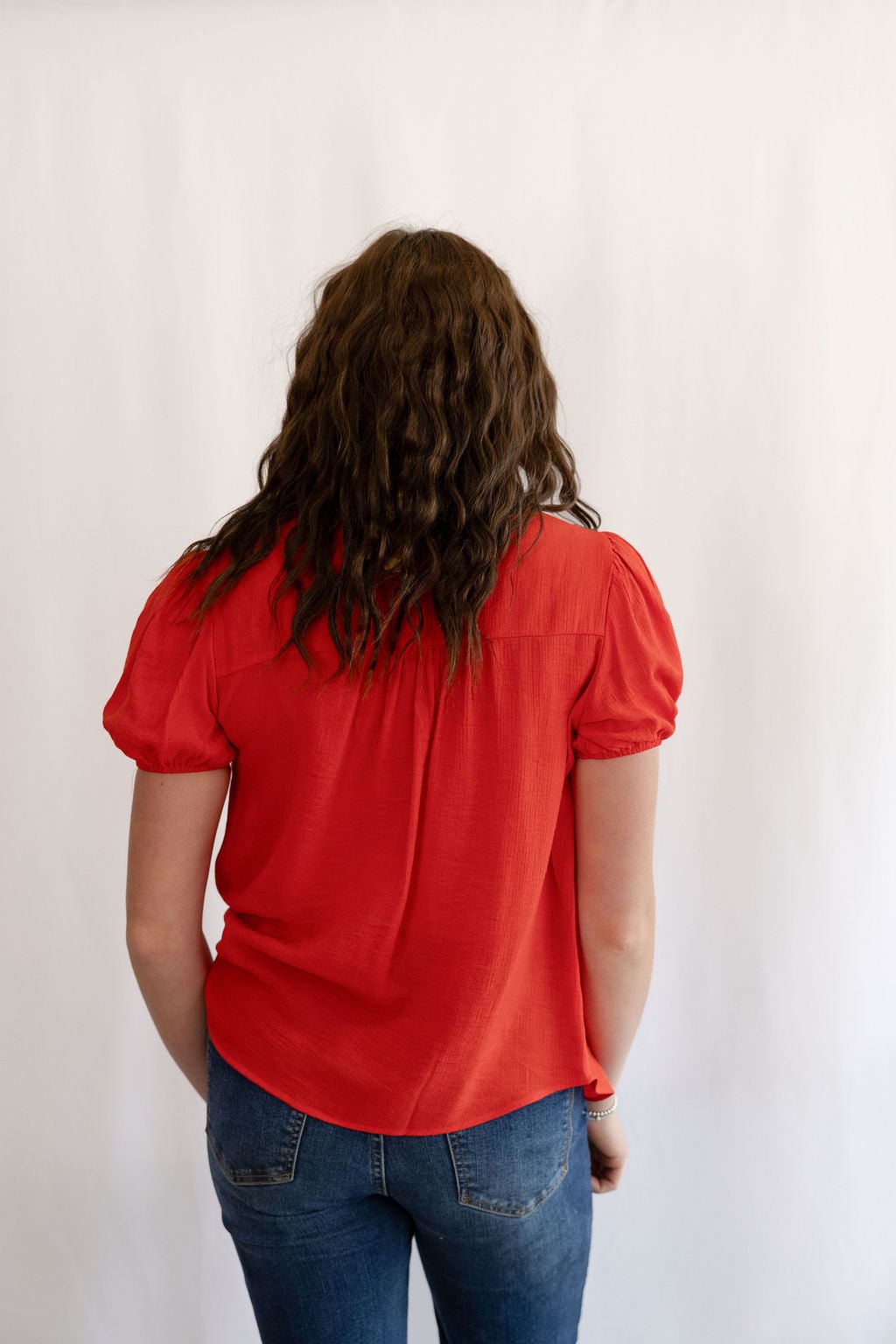 Blu Pepper "Scarlette" Red Eyelet Puff Sleeve Western Top — Split Neckline with Embroidered Eyelet Detail Cowhide and Conchos