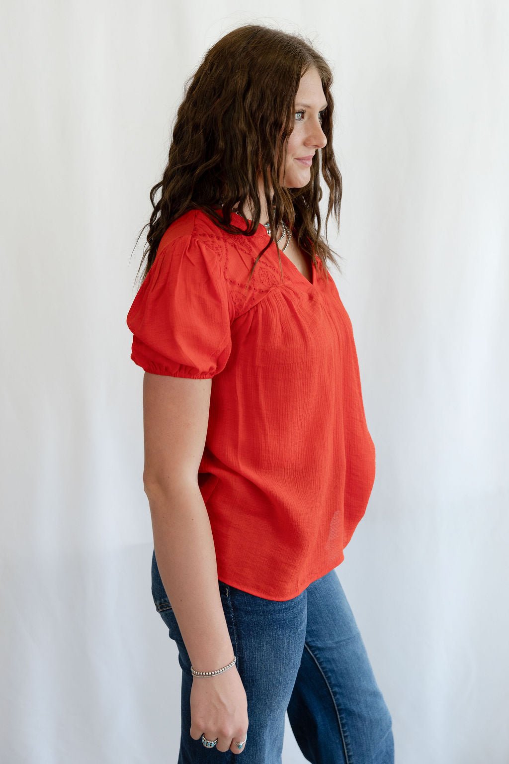 Blu Pepper "Scarlette" Red Eyelet Puff Sleeve Western Top — Split Neckline with Embroidered Eyelet Detail Cowhide and Conchos