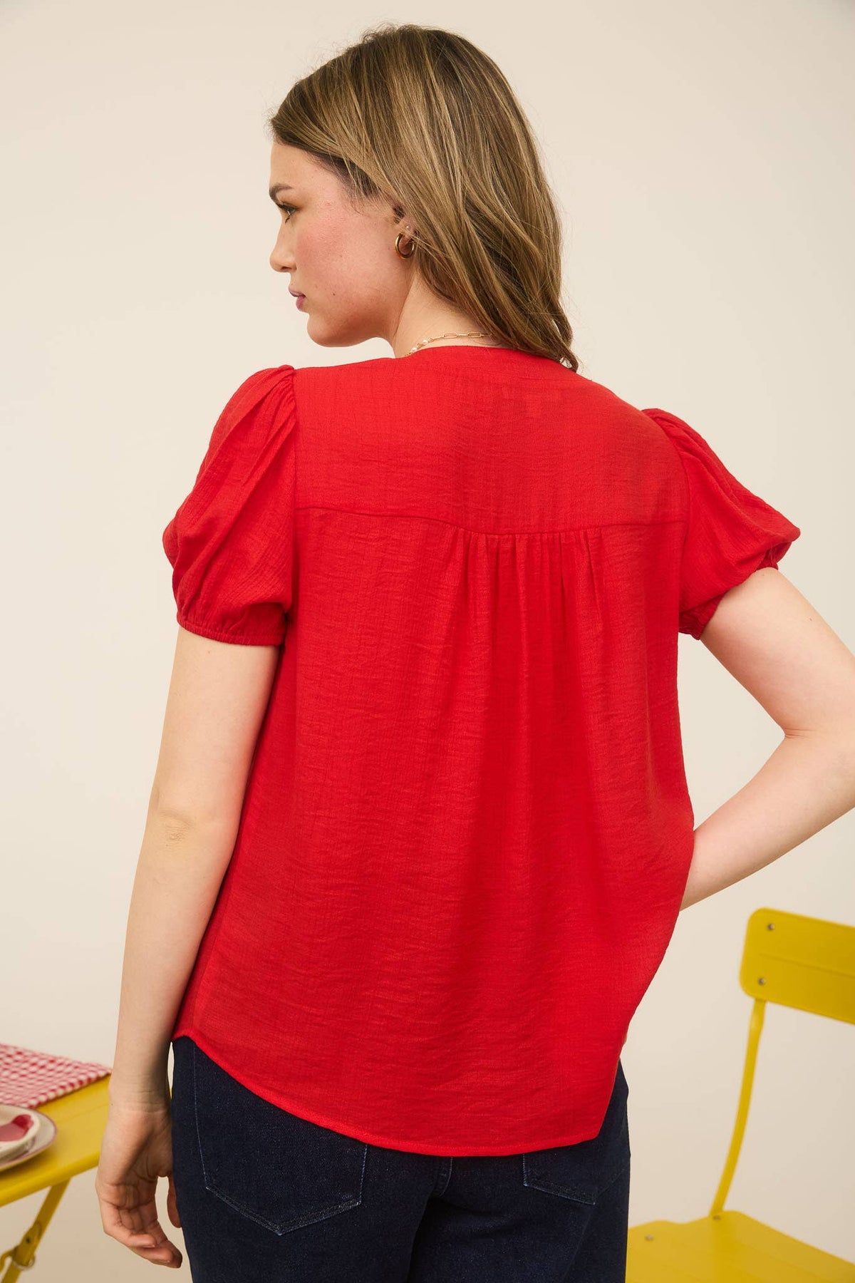 Blu Pepper "Scarlette" Red Eyelet Puff Sleeve Western Top — Split Neckline with Embroidered Eyelet Detail Cowhide and Conchos