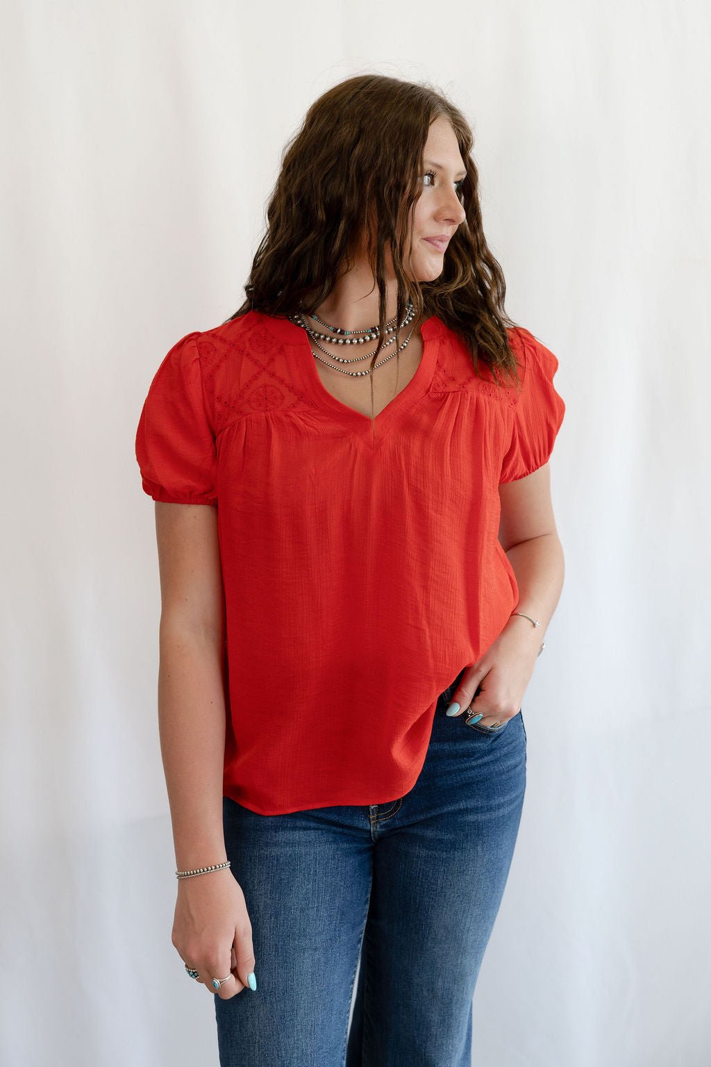Blu Pepper "Scarlette" Red Eyelet Puff Sleeve Western Top — Split Neckline with Embroidered Eyelet Detail Cowhide and Conchos
