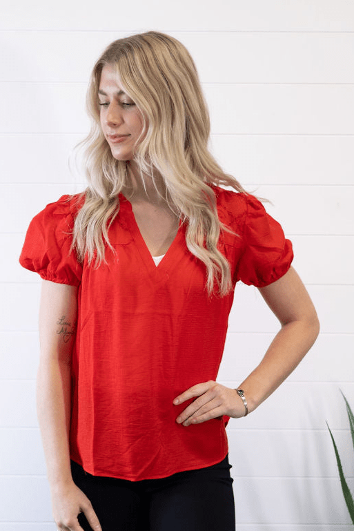 Blu Pepper "Scarlette" Red Eyelet Puff Sleeve Western Top — Split Neckline with Embroidered Eyelet Detail Cowhide and Conchos