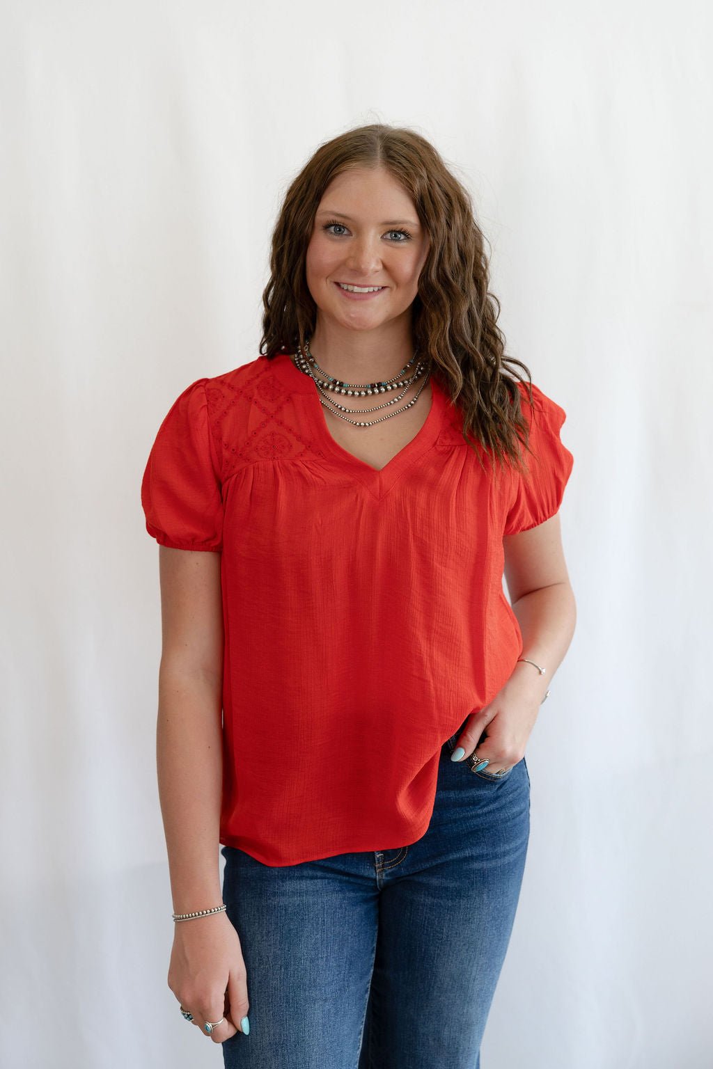 Blu Pepper "Scarlette" Red Eyelet Puff Sleeve Western Top — Split Neckline with Embroidered Eyelet Detail Cowhide and Conchos