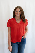 Blu Pepper "Scarlette" Red Eyelet Puff Sleeve Western Top — Split Neckline with Embroidered Eyelet Detail Cowhide and Conchos