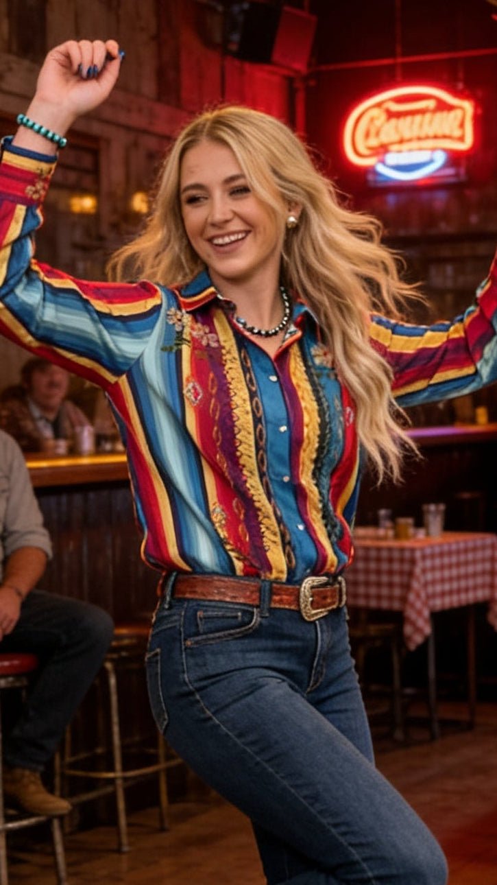 LUCKY & BLESSED Serape Pearl Snap Embroidered Western Top — Red & Turquoise Multi-Color Stripe Cowgirl Statement Cowhide and Conchos