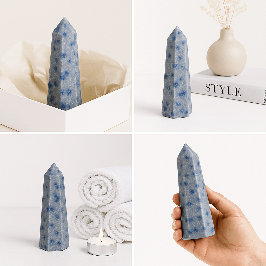Serene Spotted Blue Quartzite Tower – Sky Blue Crystal Obelisk (Sold Individually or as Bundle) KREATEUR MIAMI