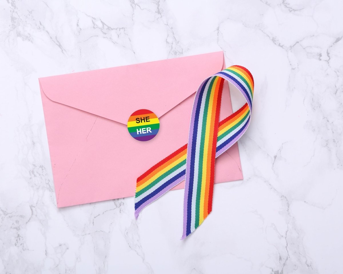 She Her Pronoun Rainbow Flag Stickers (250 Per Roll) The Awareness Company