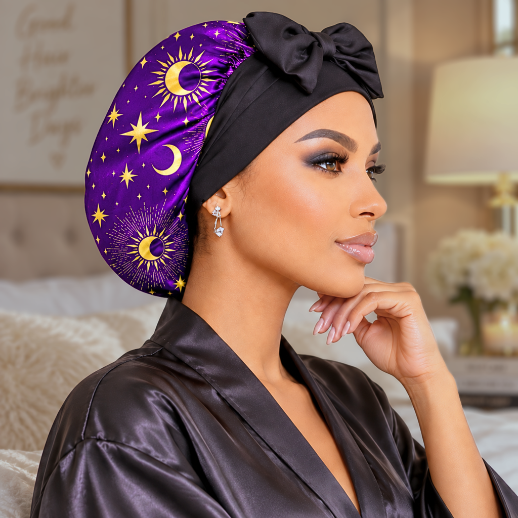 Silk-Blend Satin Bonnet for Sleeping – Non-Slip, Stays On All Night – Adjustable Stretch Ties PHC