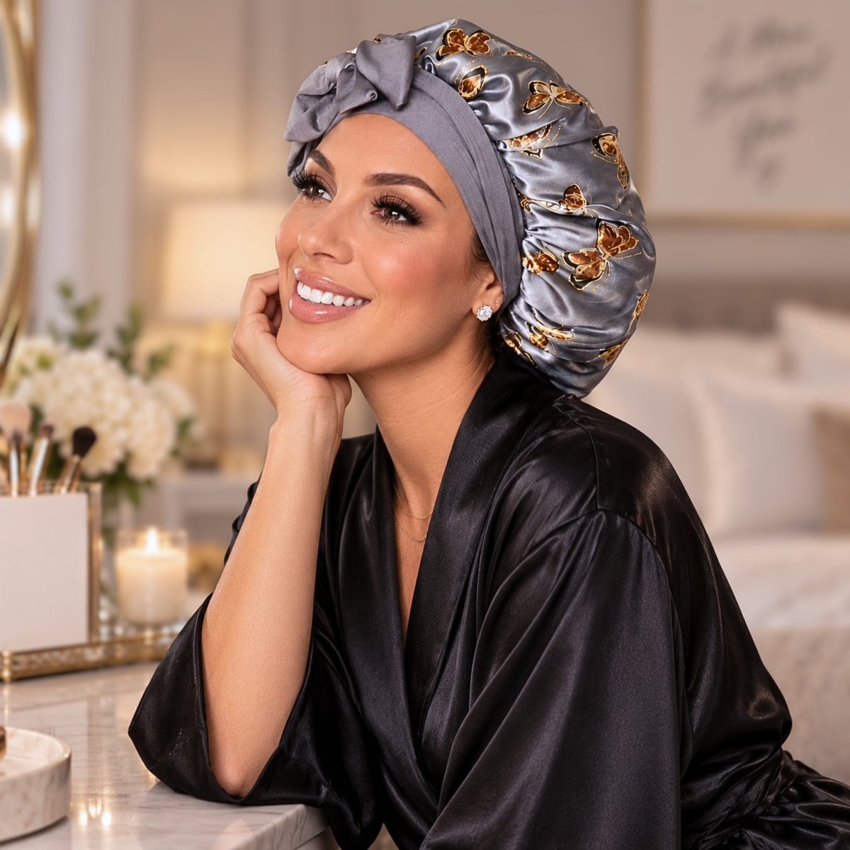 Silk-Blend Satin Bonnet for Sleeping – Non-Slip, Stays On All Night – Adjustable Stretch Ties PHC