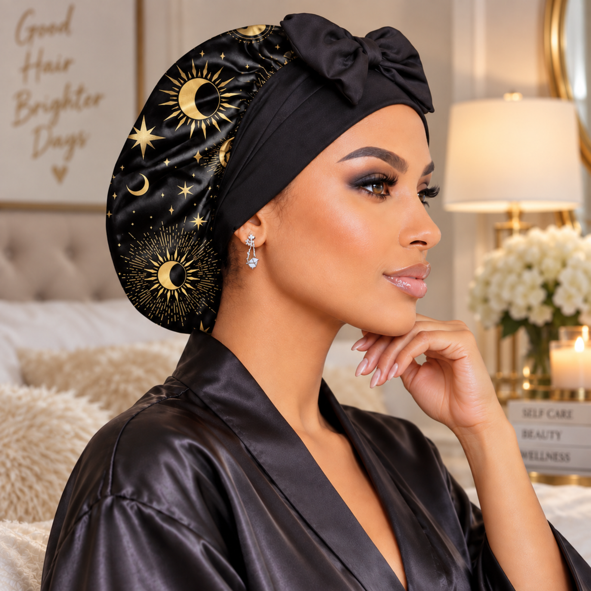Silk-Blend Satin Bonnet for Sleeping – Non-Slip, Stays On All Night – Adjustable Stretch Ties PHC