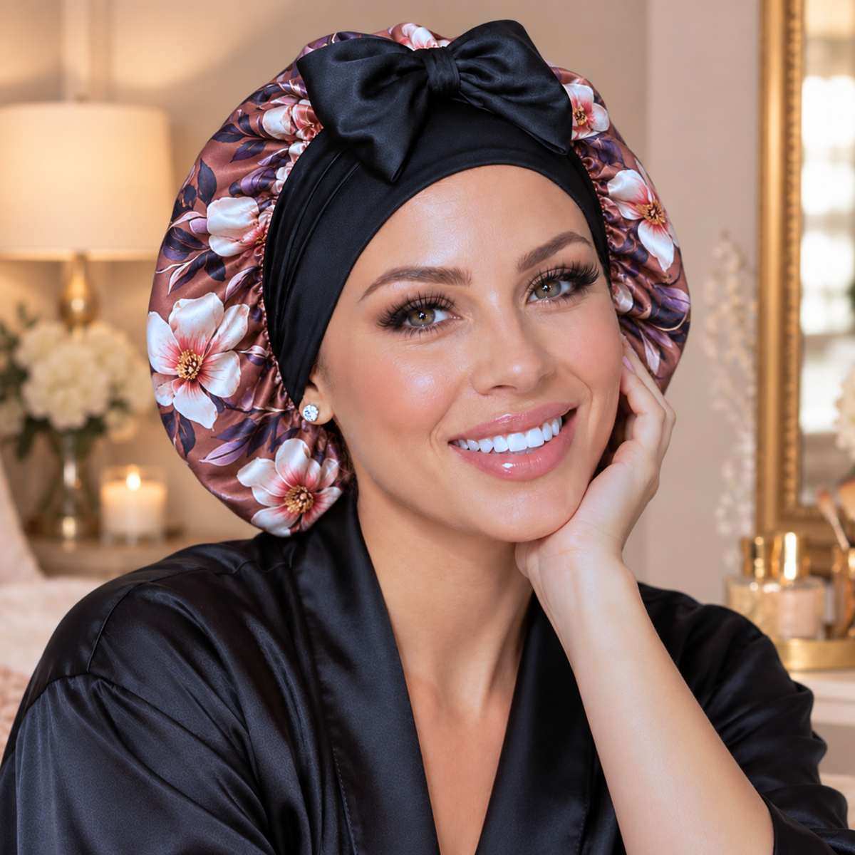 Silk-Blend Satin Bonnet for Sleeping – Non-Slip, Stays On All Night – Adjustable Stretch Ties PHC