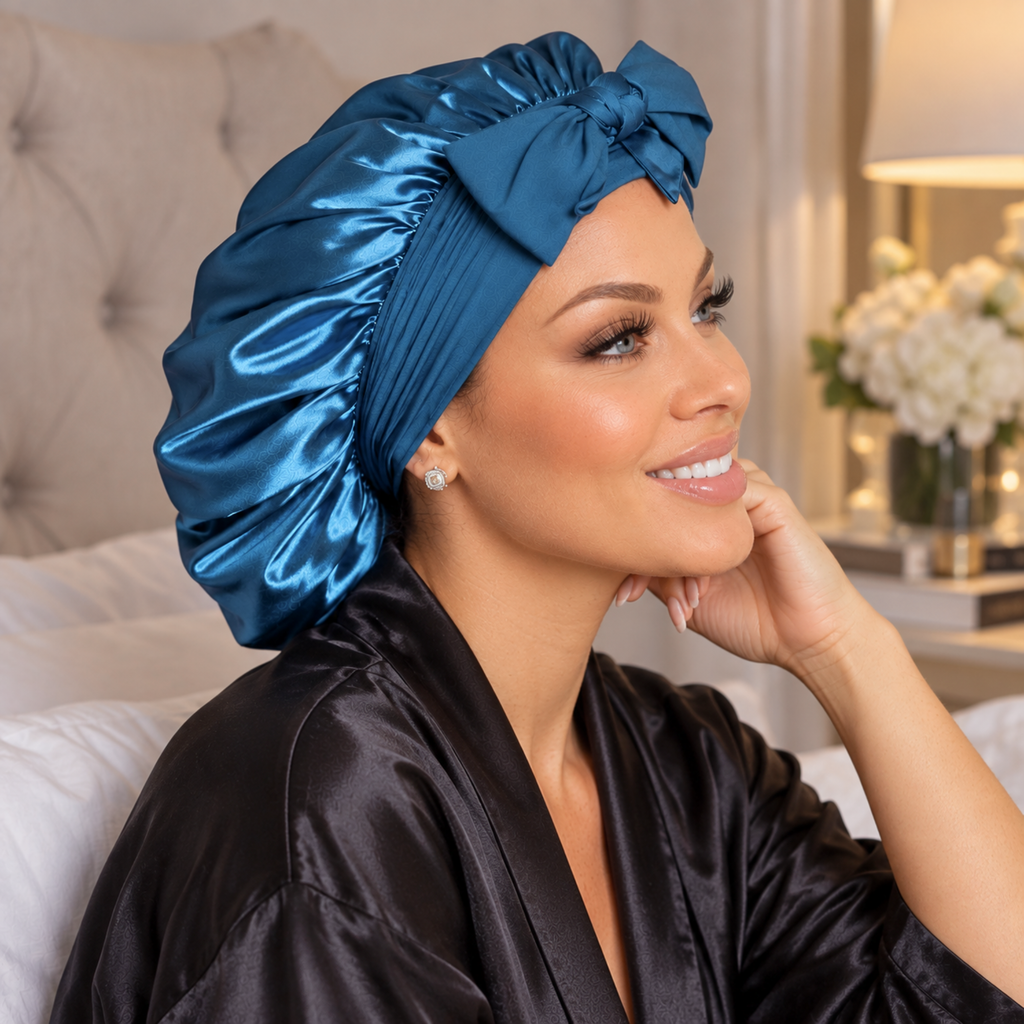 Silk-Blend Satin Bonnet for Sleeping – Non-Slip, Stays On All Night – Adjustable Stretch Ties PHC