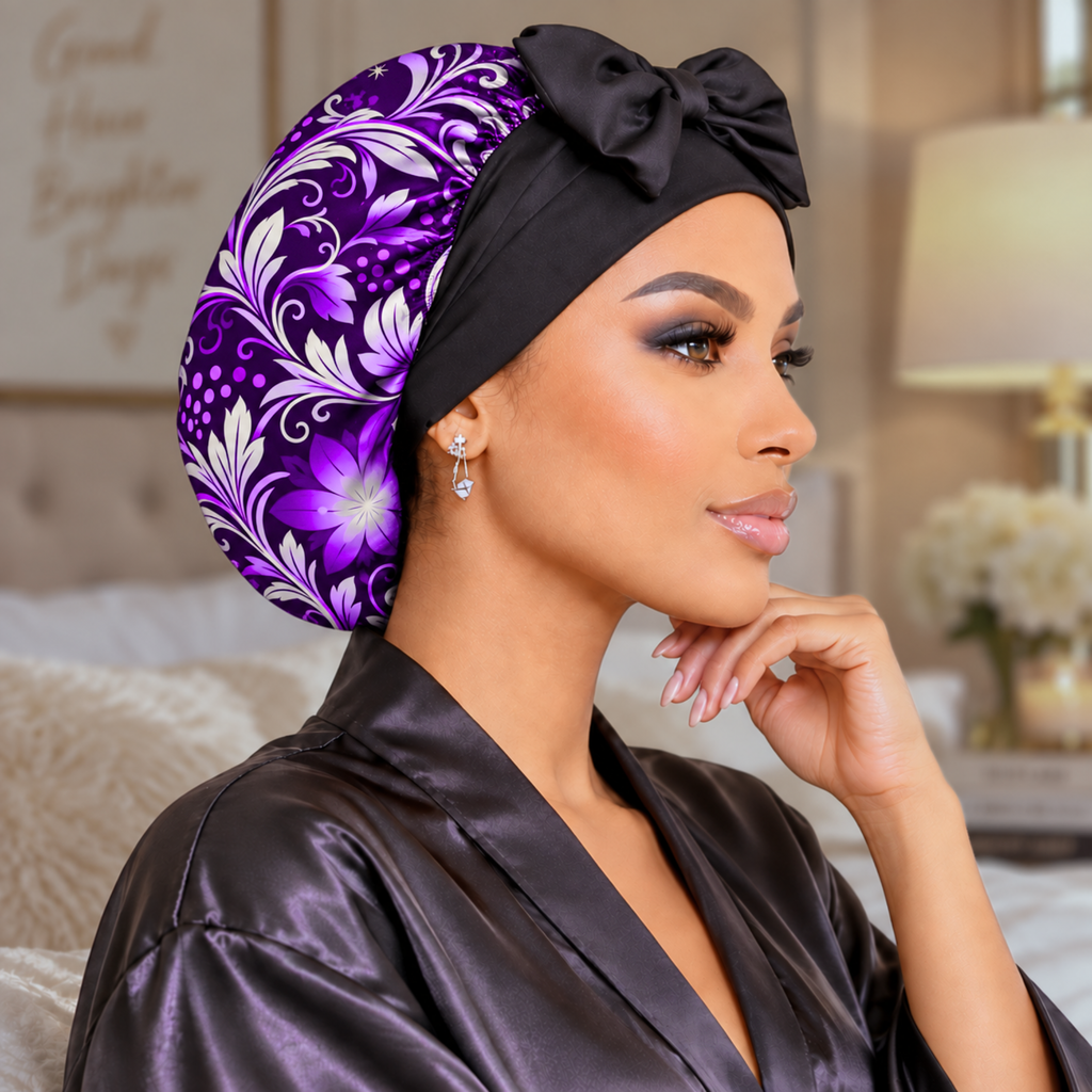 Silk-Blend Satin Bonnet for Sleeping – Non-Slip, Stays On All Night – Adjustable Stretch Ties PHC