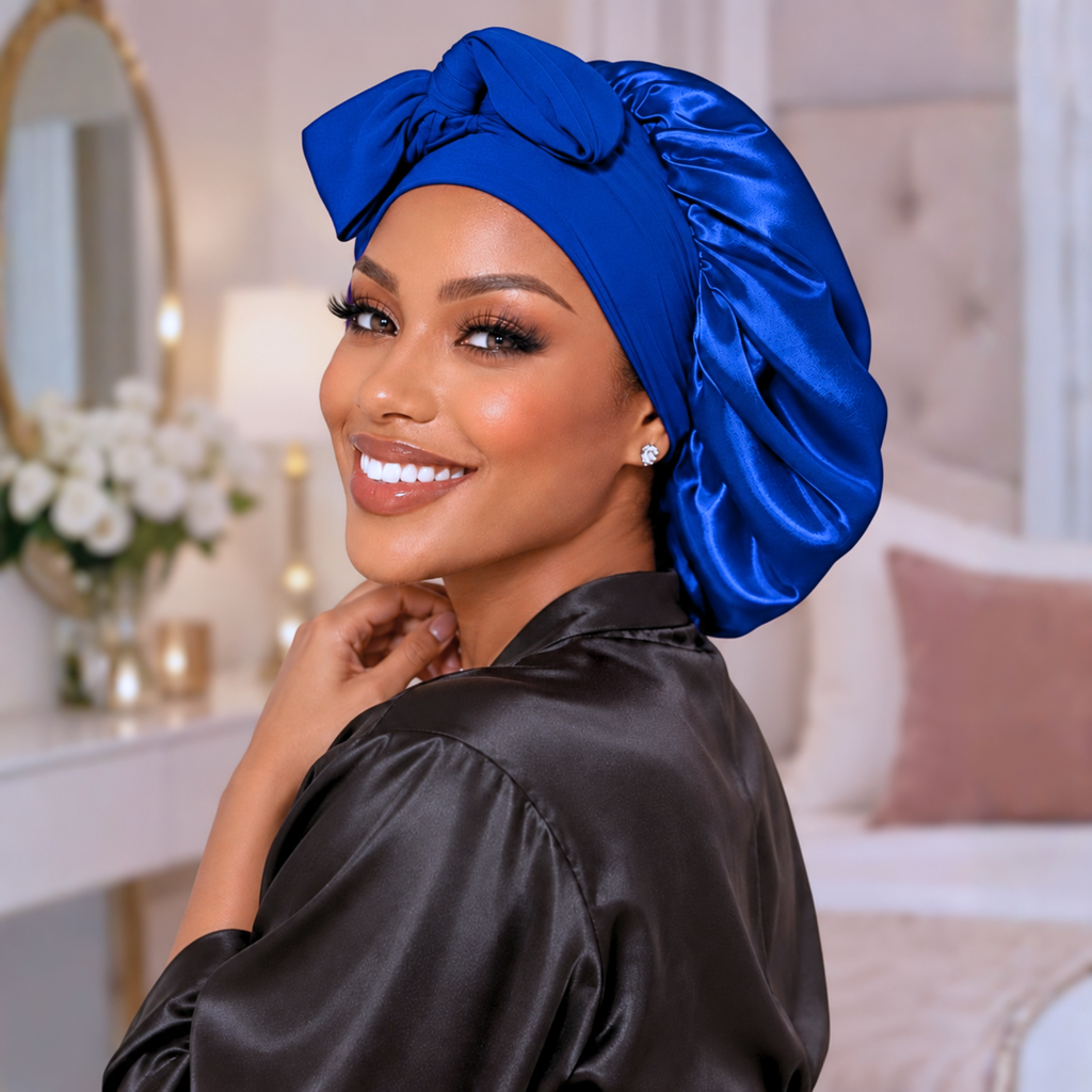 Silk-Blend Satin Bonnet for Sleeping – Non-Slip, Stays On All Night – Adjustable Stretch Ties PHC