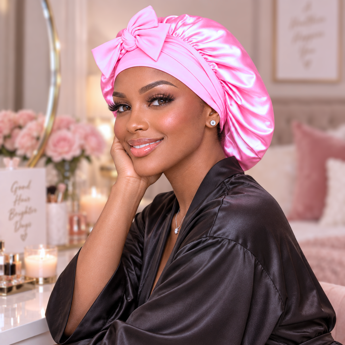 Silk-Blend Satin Bonnet for Sleeping – Non-Slip, Stays On All Night – Adjustable Stretch Ties PHC