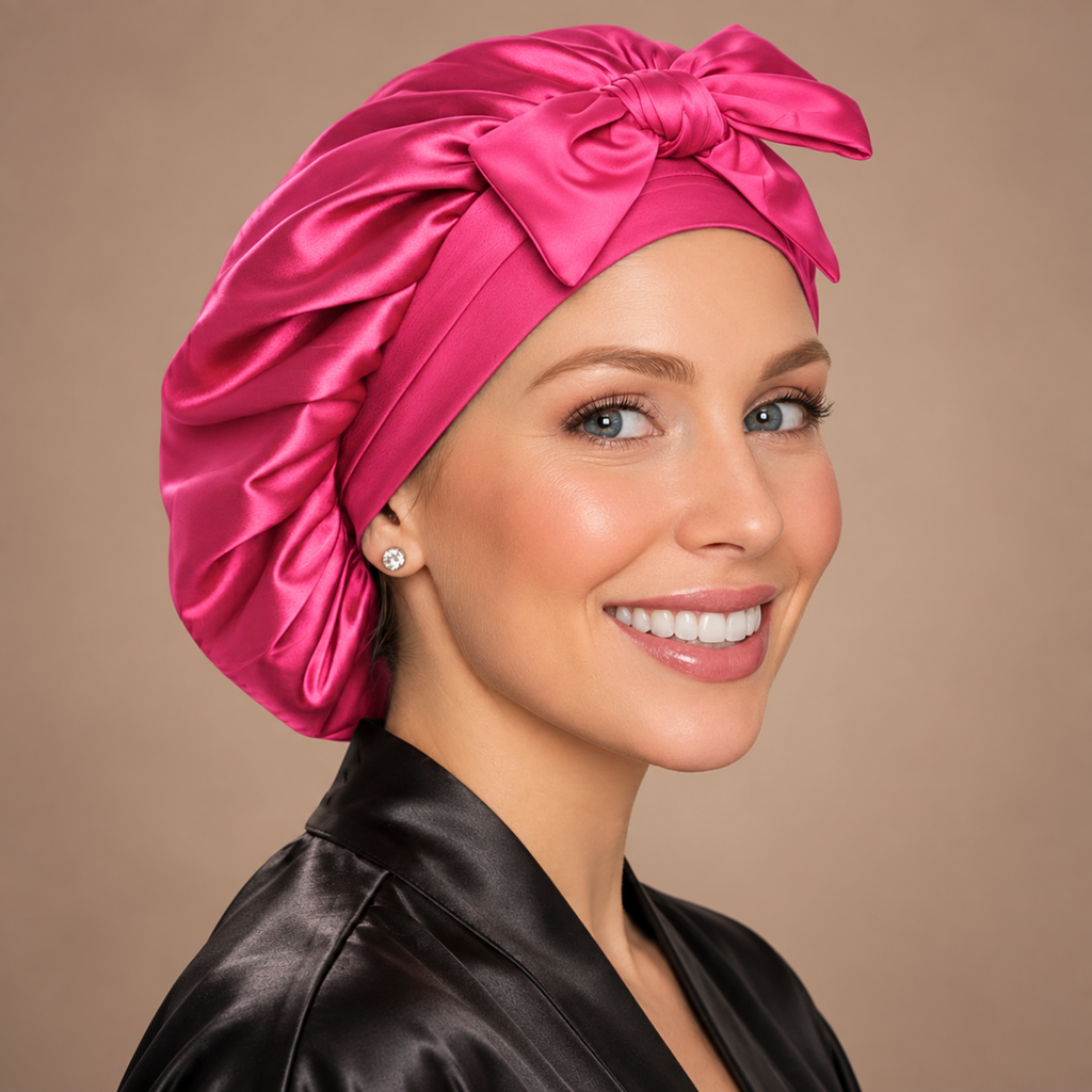 Silk-Blend Satin Bonnet for Sleeping – Non-Slip, Stays On All Night – Adjustable Stretch Ties PHC