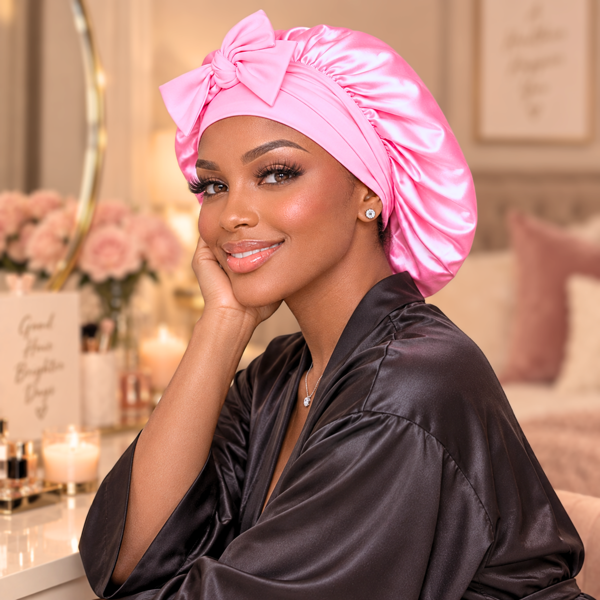 Silk-Blend Satin Bonnet for Sleeping – Non-Slip, Stays On All Night – Adjustable Stretch Ties PHC