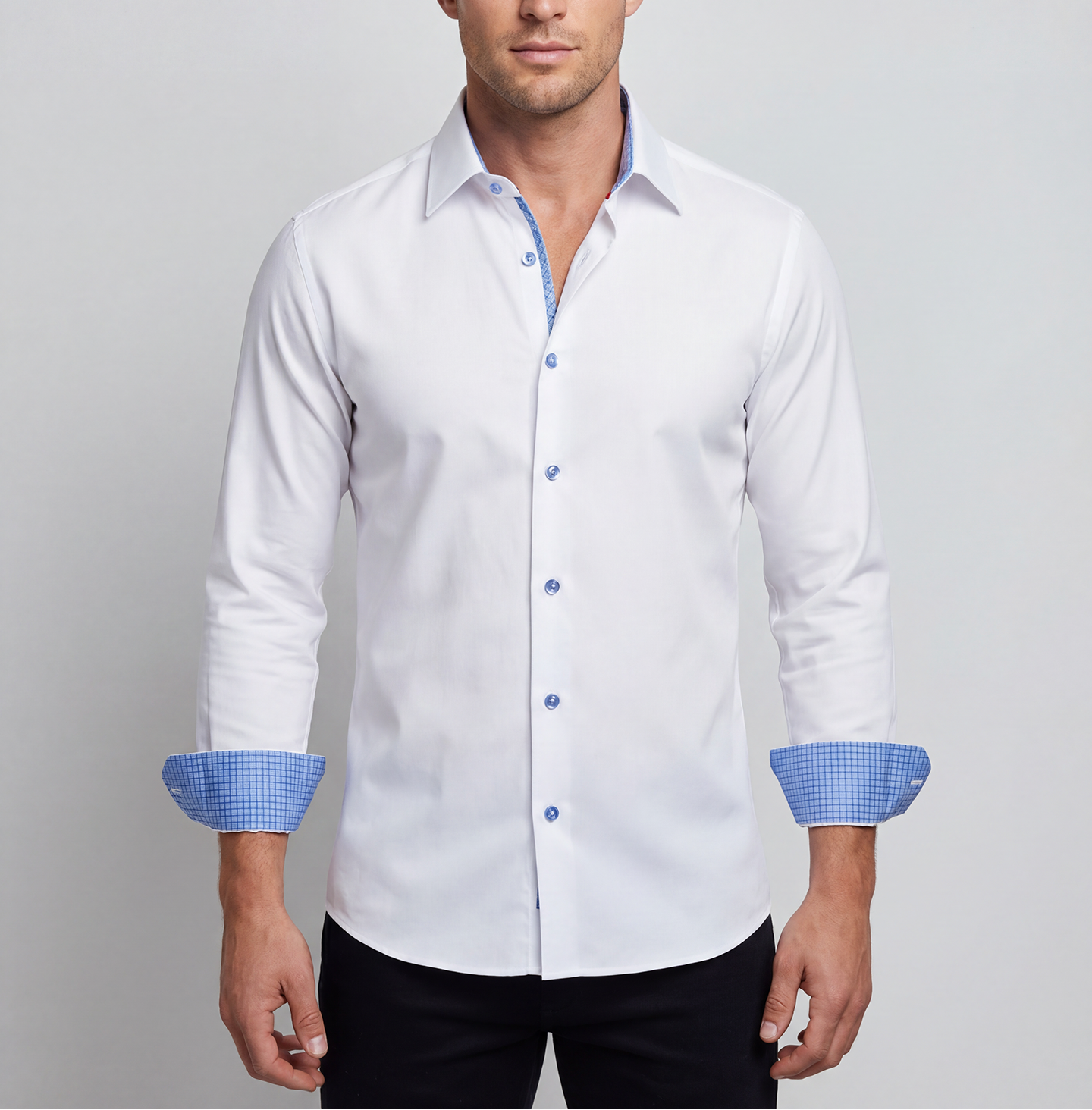 Edward// // Cotton Knit-Stretch Button-Up Shirt With Contrast Details // White // Tailored Fit (Fitted) LEVINAS® Official