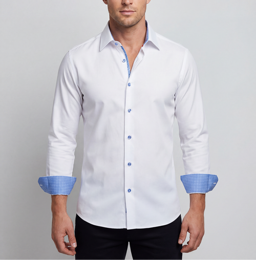Edward// // Cotton Knit-Stretch Button-Up Shirt With Contrast Details // White // Tailored Fit (Fitted) LEVINAS® Official