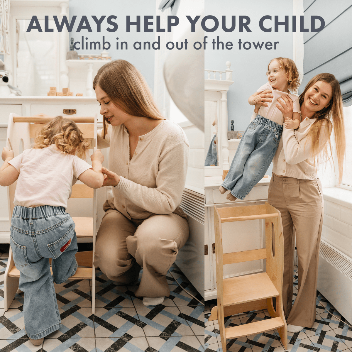 Stable Montessori Learning Tower: Wooden Growing Chair - Beige Goodevas B2B