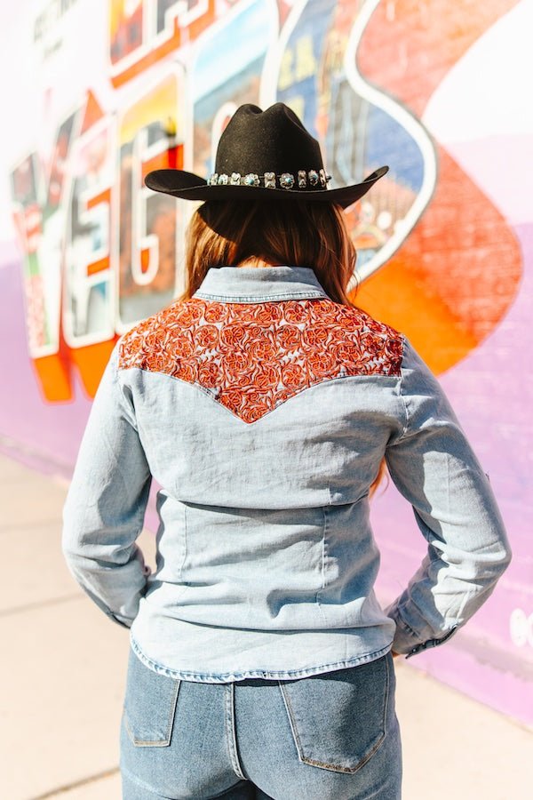 LUCKY & BLESSED Stone Wash Red Yoke Denim Western Button-Down Shirt — Premium Embroidered Cowgirl Statement Cowhide and Conchos