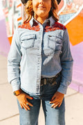 LUCKY & BLESSED Stone Wash Red Yoke Denim Western Button-Down Shirt — Premium Embroidered Cowgirl Statement Cowhide and Conchos