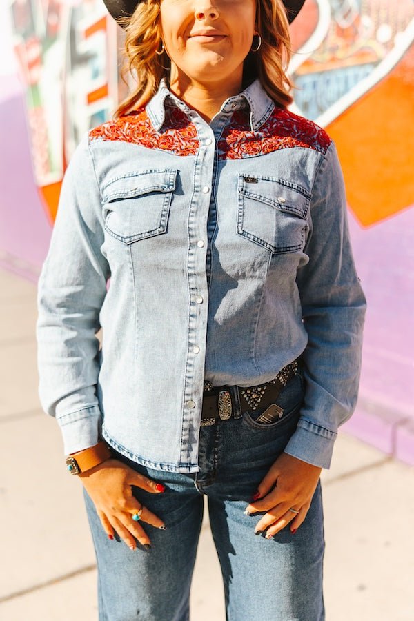 LUCKY & BLESSED Stone Wash Red Yoke Denim Western Button-Down Shirt — Premium Embroidered Cowgirl Statement Cowhide and Conchos