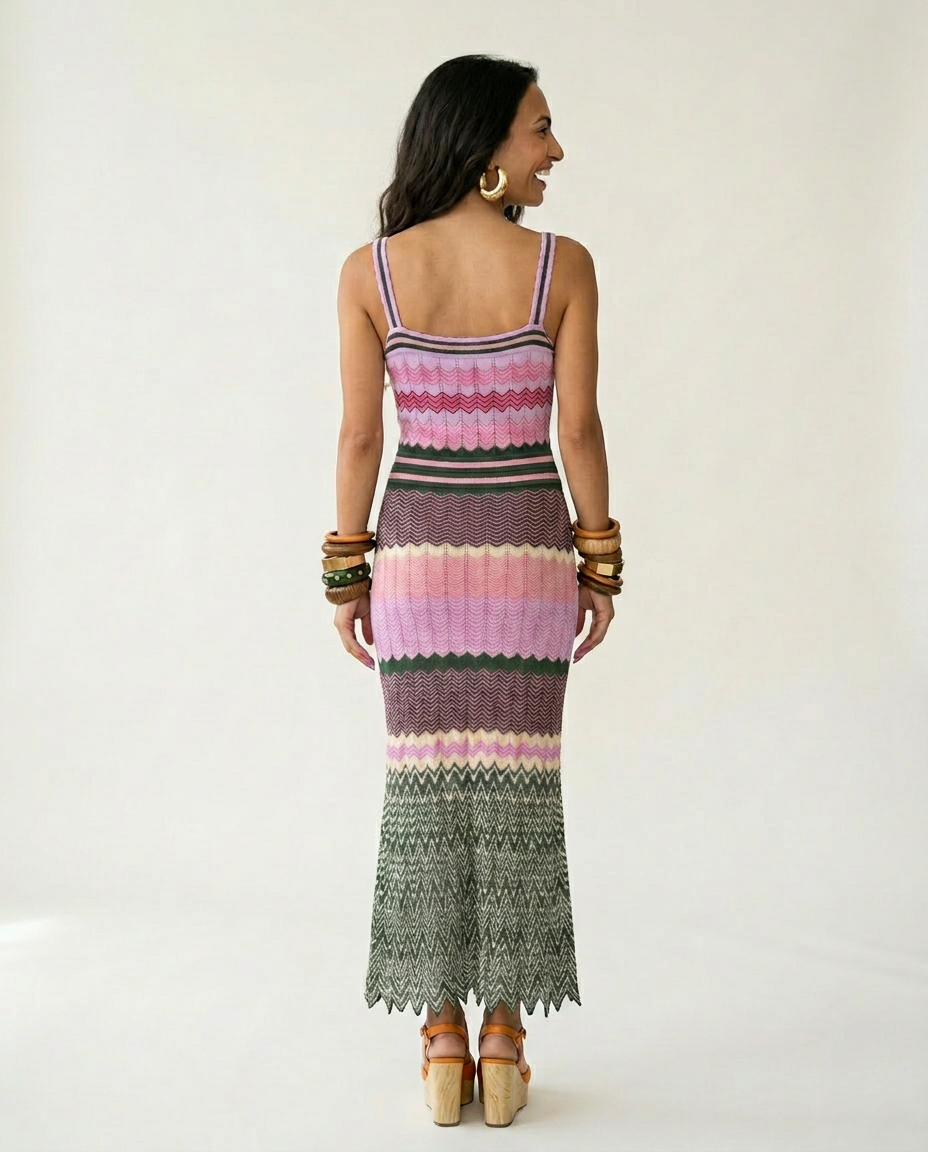 Vibrant Knitted Geometric Maxi Dress Boho Brown