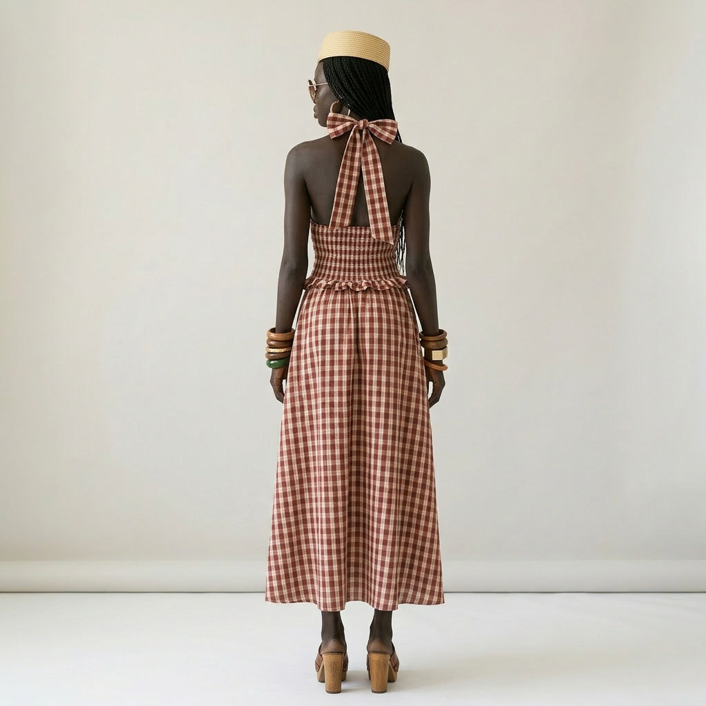 Sovereign Check Halter Maxi Dress Boho Brown