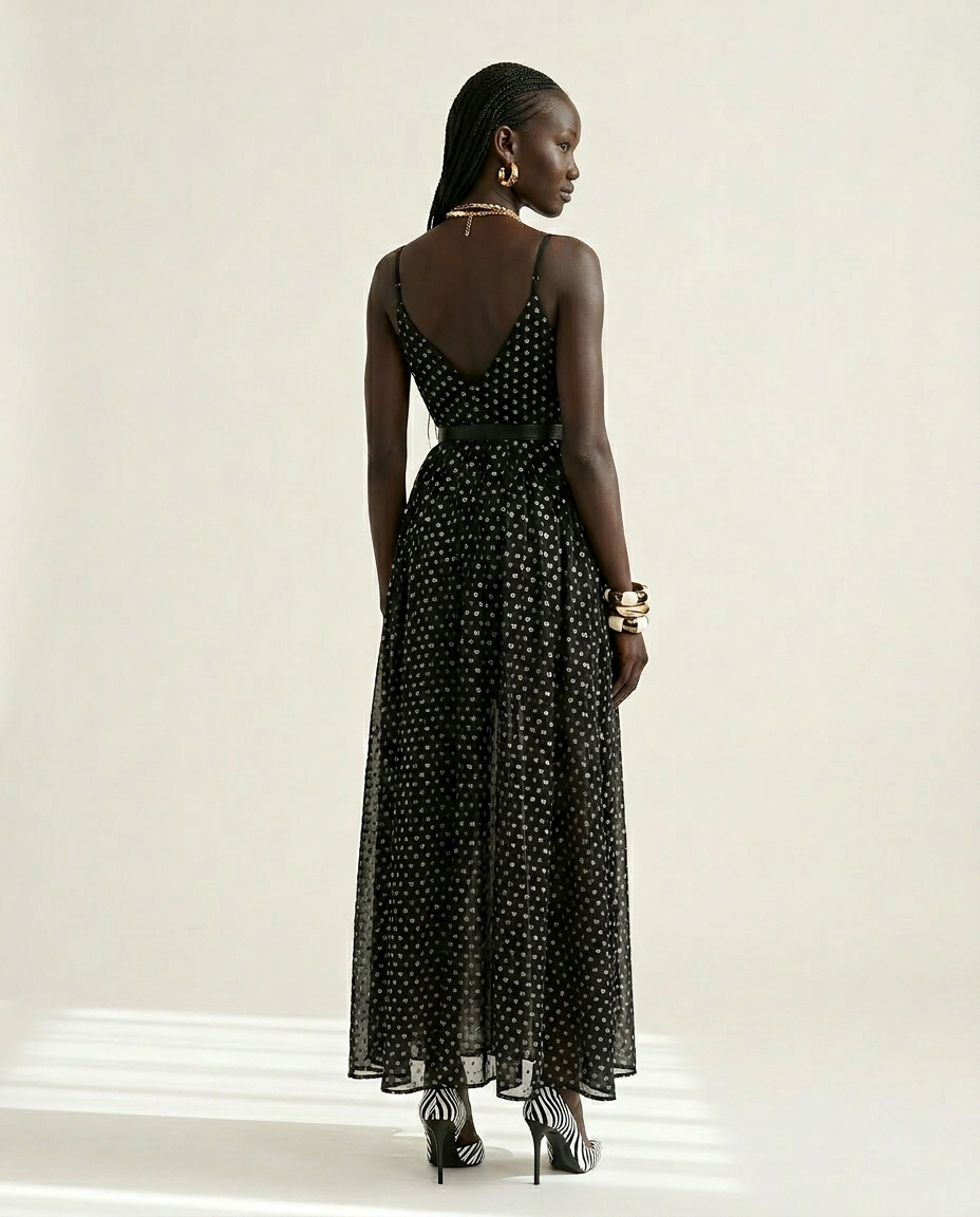 Audacious Polka Dot Mesh Maxi Dress Boho Brown
