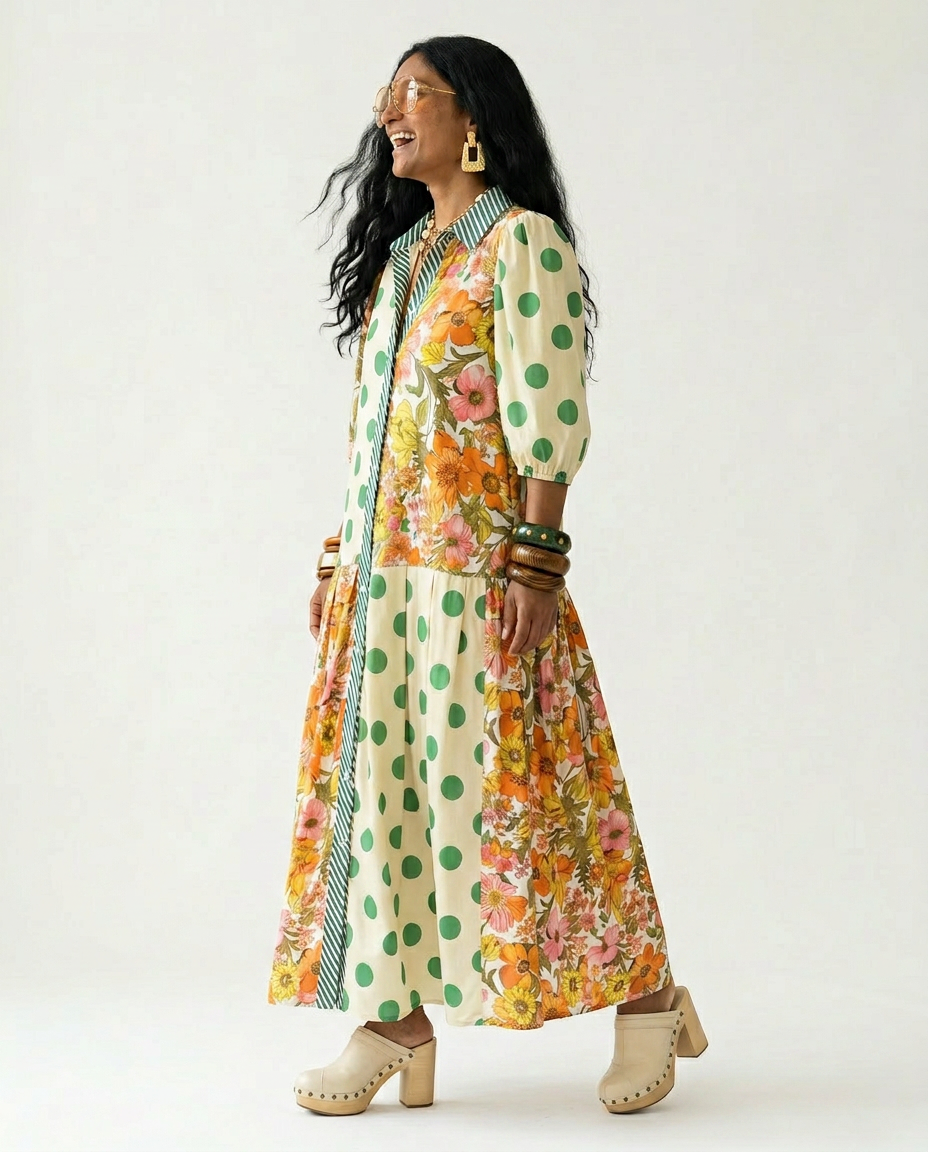 Spirited Printed Loose Maxi Dress Boho Brown