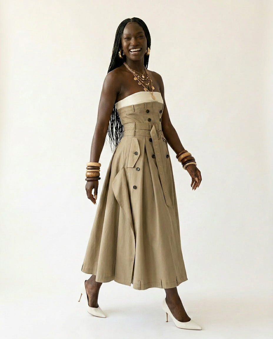 Audacious Strapless Belted Maxi Dress Boho Brown