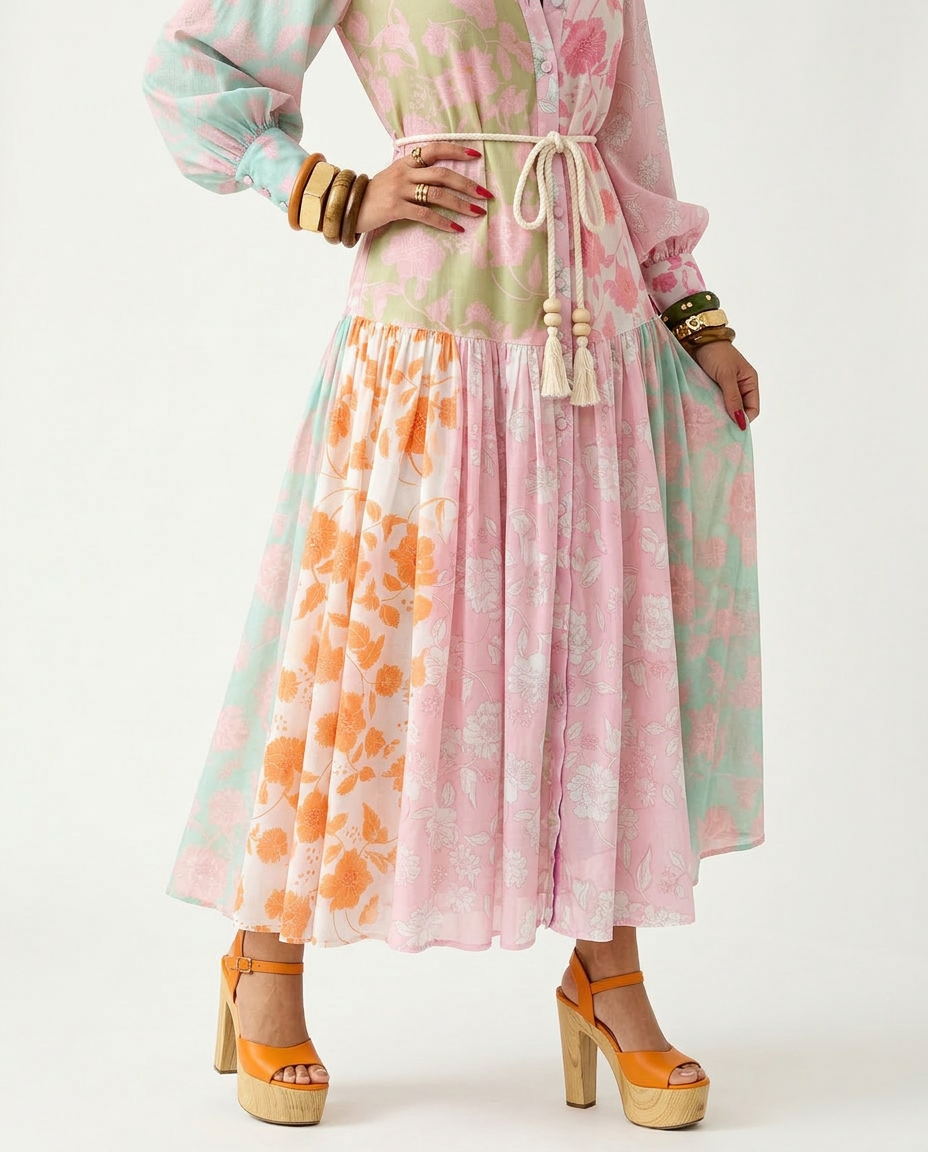Vibrant Printed Pleated Maxi Dress Boho Brown
