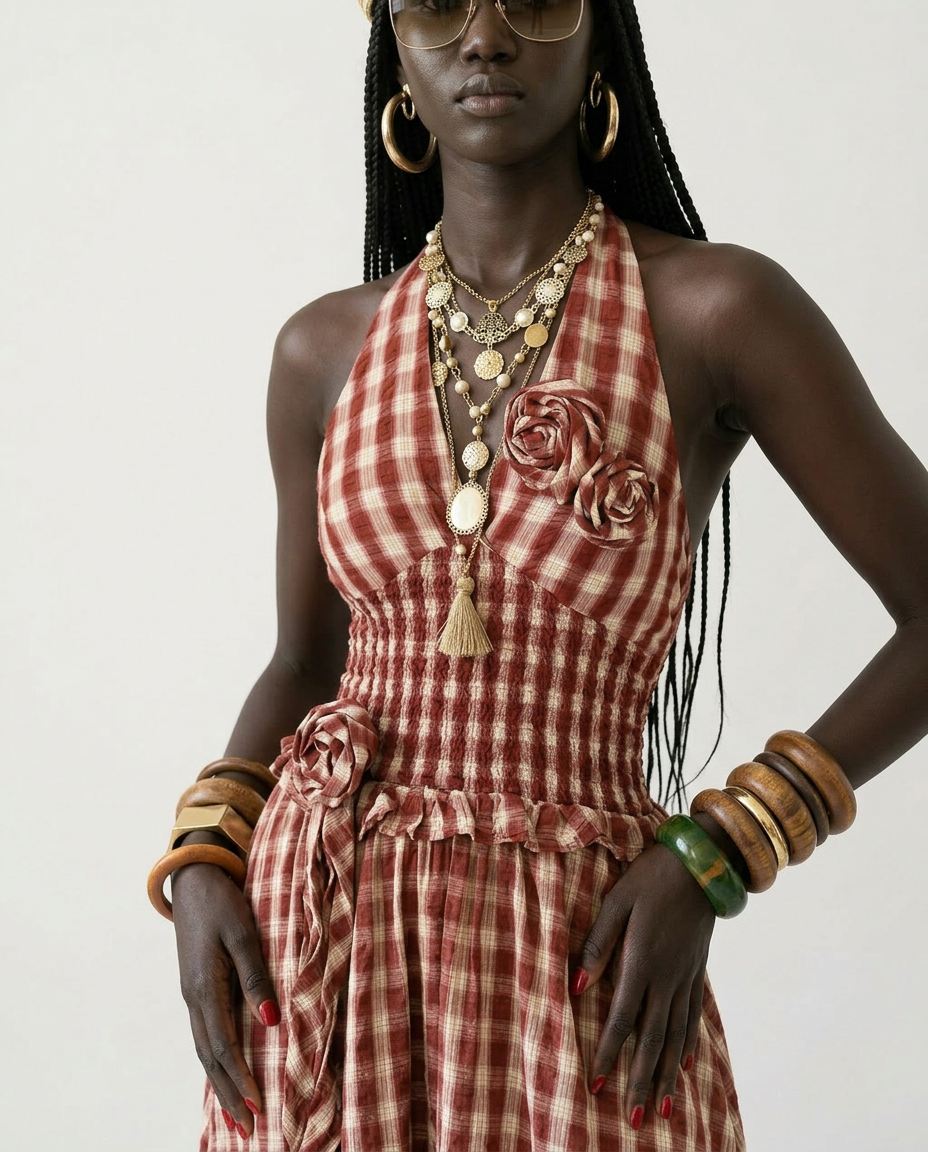 Sovereign Check Halter Maxi Dress Boho Brown