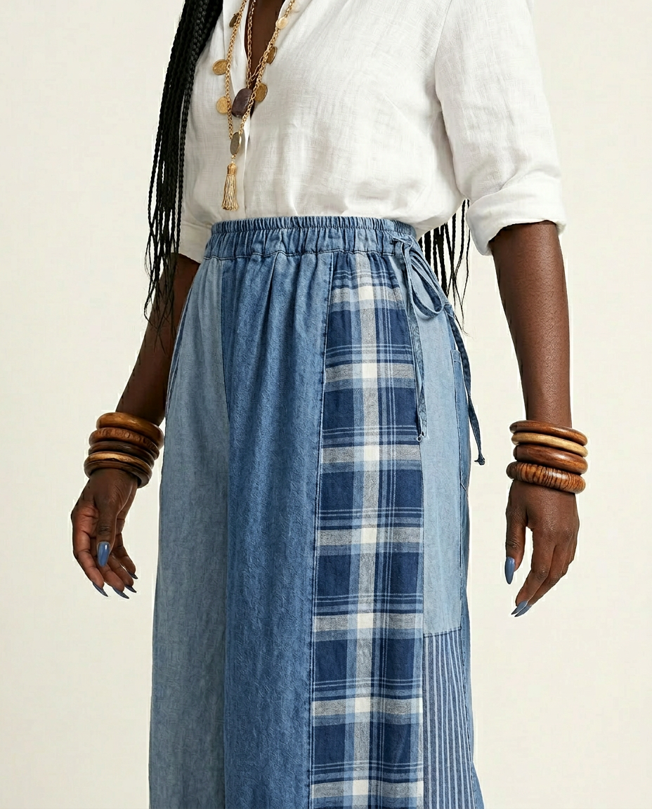 Unique Patchwork Wide Leg Trousers Boho Brown