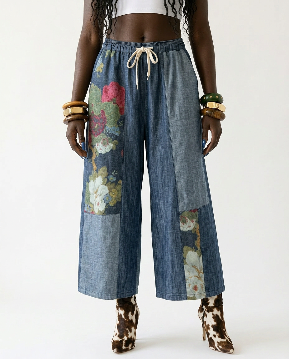 Wild Heart Denim Floral Patchwork Trousers Boho Brown