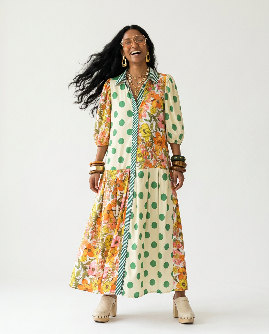 Spirited Printed Loose Maxi Dress Boho Brown