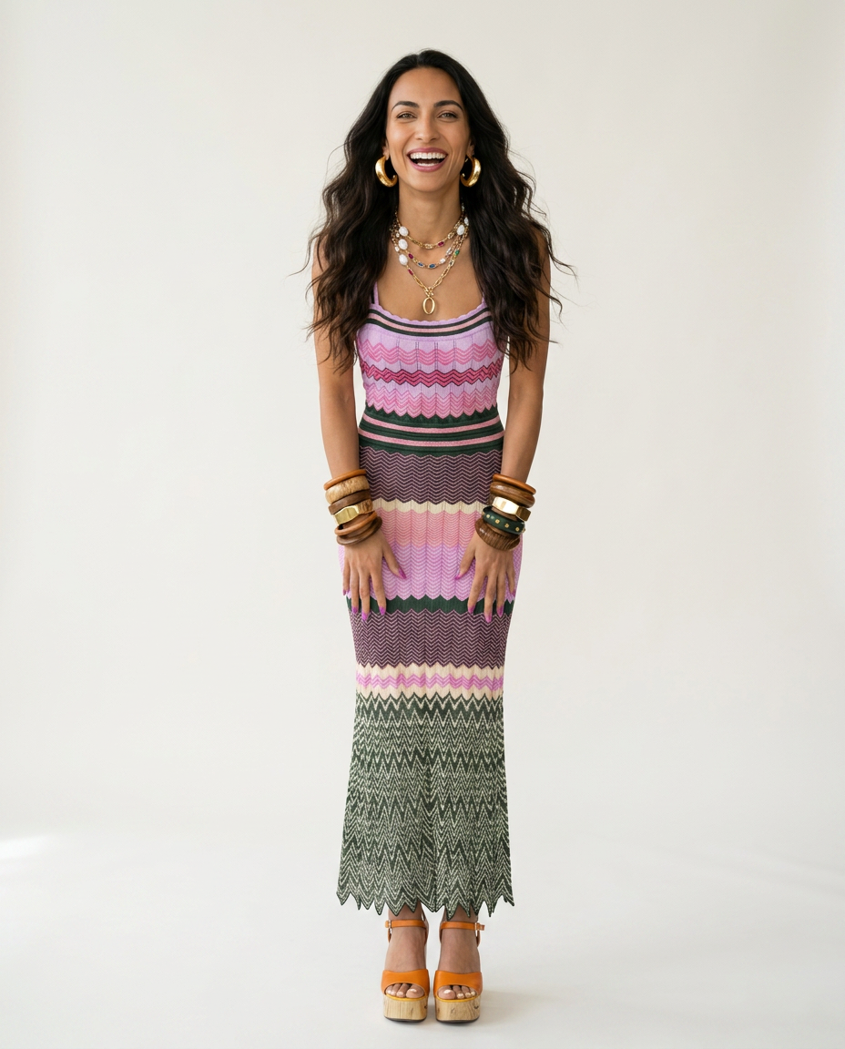 Vibrant Knitted Geometric Maxi Dress Boho Brown